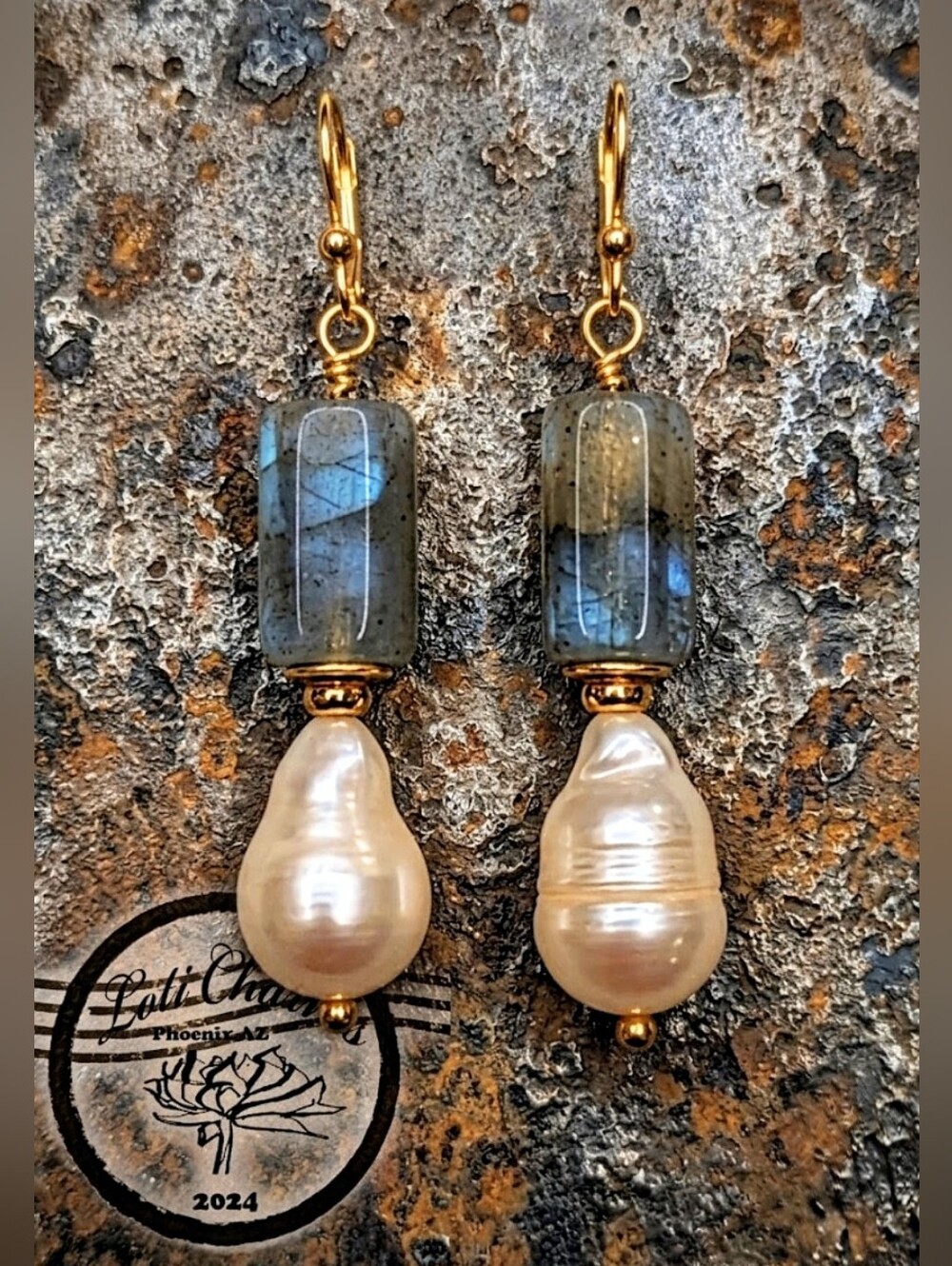 Natural Sparkling Labradorite & White Freshwater Baroque Pearl Artisan Earrings